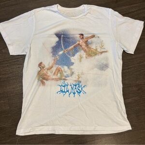 White Graphic T-Shirt with Blue and Multicolor Design